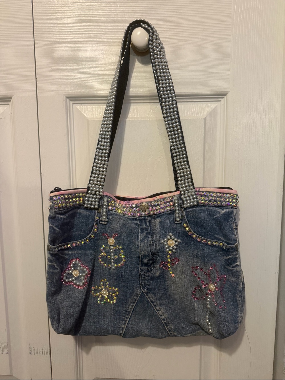 Handmade individually glued Denim Tote Bag with Rhinestone Straps - Blue